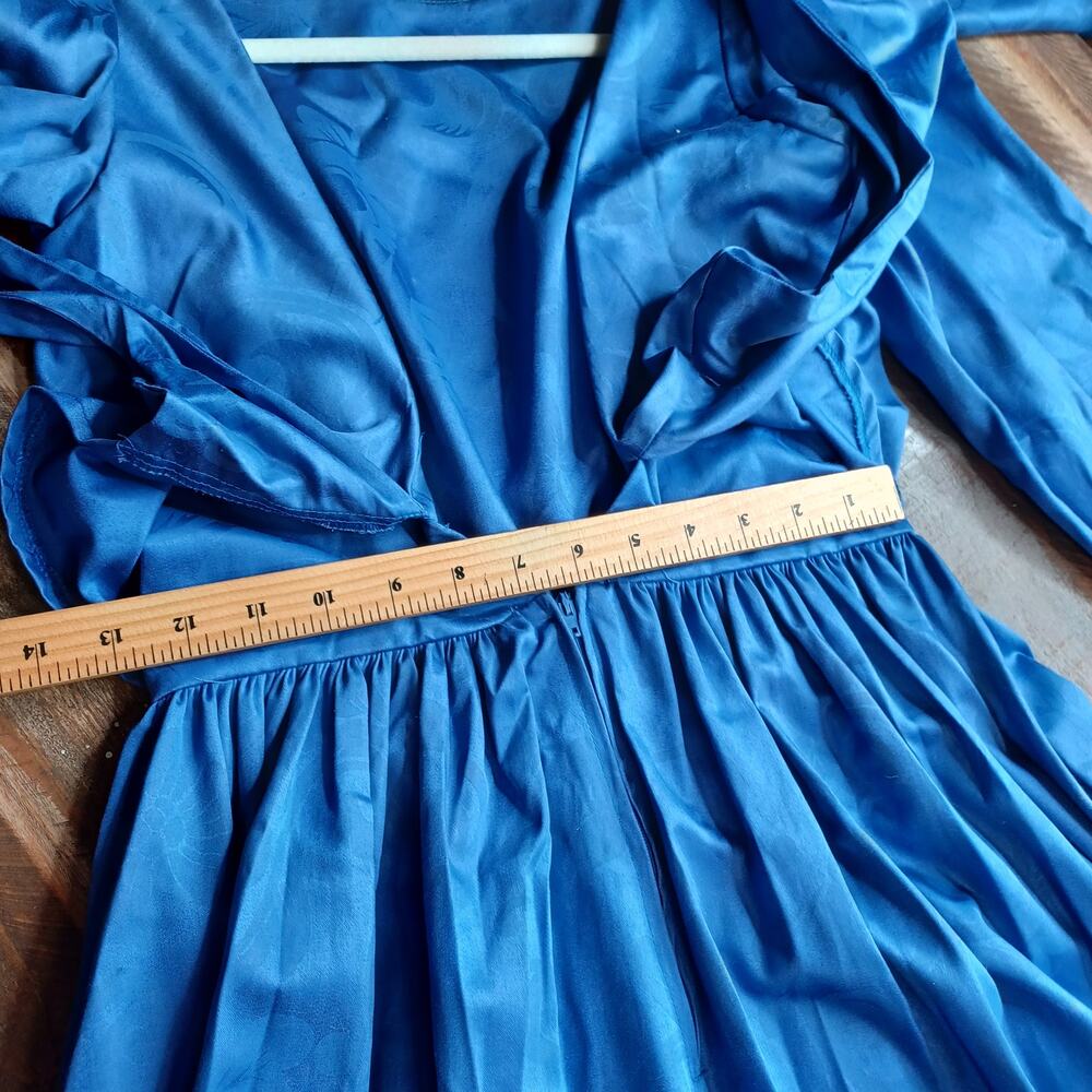 Vtg Laura Ashley Blue Damask Puff Sleeve Dress Bow Back Pockets - Picture 7 of 11